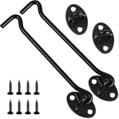 Jeboler Hook and Eye Latch 6 Inch, 2 Pcs Stainless Steel Black Cabin Hooks | 150 mm Eye Gate Latch Easy Lock Sliding Door Hooks with Screws for Garden Shed Patio Window Cabinet Closet Wooden Gates