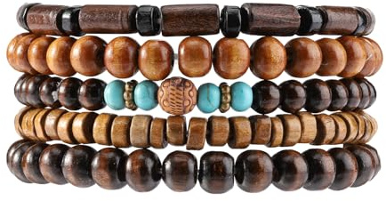 MILAKOO 5 pulseras elásticas de madera para mujeres y hombres, para meditación y oración, mala, pulseras de cuentas naturales, 7.5-9 inches, No es una piedra preciosa