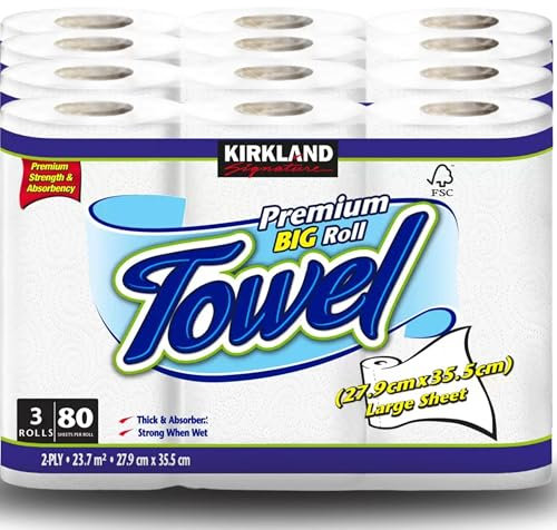 Premium Big ROLL Compatible with Kirkland Signature Kitchen Roll Towel, 2 Ply 12 x 80 Sheet Pack, Fabric, White,