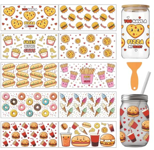 arricraft 10 Stück UV Transferpapier Zum Bedrucken von Tassen Mit Lebensmittelmotiven 10 Stile Burger Pommes Frites Speck Hot Dog Donuts Pizza PVC DIY Wärmeübertragungsaufkleber Für 16 OZ Glasbecher