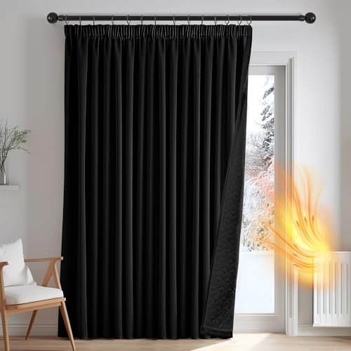 Deconovo Thermovorhang Kälteschutz, Gardinen mit Kräuselband gegen Kälte, Wärmeisolierend Vorhang Verdunkelung Wohnzimmer, 260 x 140(HöhexBreite), Schwarz, 1 Stück