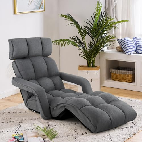 GOPLUS Fauteuil de Sol Pliable à Accoudoirs avec Tête, Dossier et Pieds Ajustables, Chaise de Sol Multifonctionnel pour Lecture, Yoga, Méditation, Canapé Paresseux Rembourré Charge 120KG (Gris Foncé)