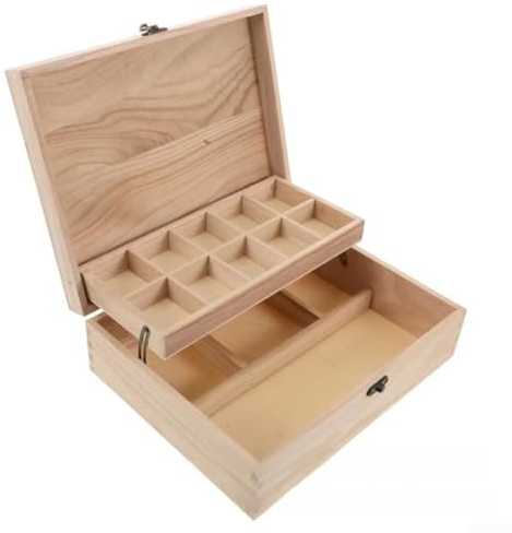 Grande boîte à couture en bois paulownia 28 x 22 x 9 cm avec plusieurs compartiments double couche pour rangement de bijoux
