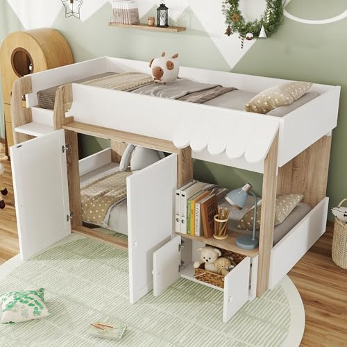 KUIKUI Mid Sleeper Bed with Storage Underneath, Low Bunk Bed for Kids, Loft Bed 3ft Single Bed 90×190cm, Children's Cabin Bed, White and Natural