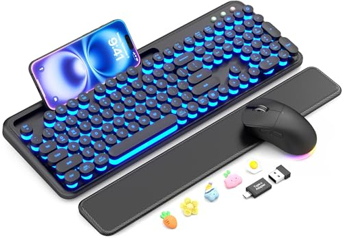 Wireless Keyboard and Mouse Combo - Backlit Typewriter Keyboard with Magnetic Wrist Rest & Phone Holder, Light Up Round Keycaps, 2.4GHz Cordless Set for Mac, Windows, PC, Laptop, SABLUTE