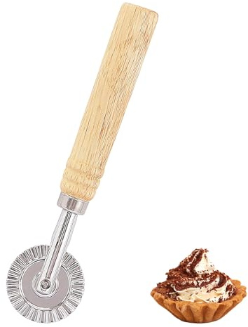 ZenithQuest Fluted Pasta Cutter Wheel & Ravioli Cutter, 360° Rolling Dough Cutter with Long Wooden Handle, Zinc Alloy Pastry Tool for Dumpling Lace Biscuit Mould, 6.3 Inches Silver