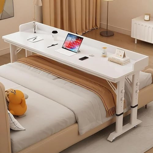 HOLGVE Überbetttisch mit Rollen, Höhenverstellbarer Rollbarer Nachttisch, Laptop-Schreibtisch Über Betttischen Mit Schallwand, Mobiler Bettschreibtisch(Wit,140cm/55.1)