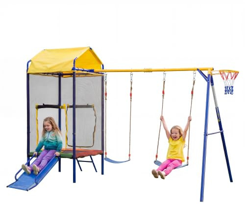 Spielturm Outdoor mit Trampolin, Rutsche & Doppelschaukel, Kinder Klettergerüst mit Sicherheitsnetz, Nestschaukel, Einzelschaukel & Basketballkorb, Gartenspielzeug für Kinder ab 3 Jahre
