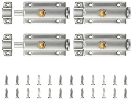 Lot de 4 Loquet Porte à Ressort, 3 Pouces Serrure Porte Métal, Verrou de Porte Verrouillage, Acier Inoxydable, Bouton Laiton, Réversible, Vis Incluses, pour Cage, Coulissante (Argenté)