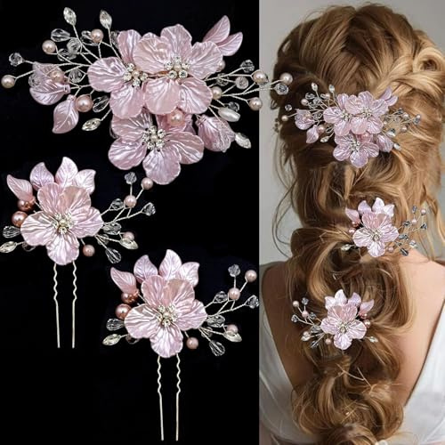 Bijoux de Cheveux Mariage 3 Pièces Pince à Fleurs pour Mariée Accessoires de Cheveux Peigne en Perles pour Femmes, Demoiselles d’Honneur et Invitées pour Mariage, Anniversaire et Fête (Rose)