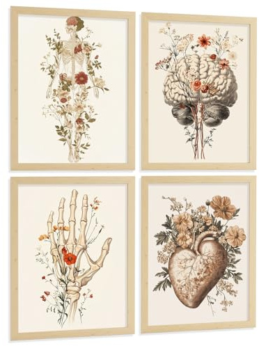 Nacnic Set Di 4 Stampe Anatomia Umana Poster Decorativi E Quadri Con Fiori Corpo Completo Cervello Mano E Cuore Stile Moderno Decorazione Da Parete Medica Dimensione A3 Telaio In Legno Chiaro