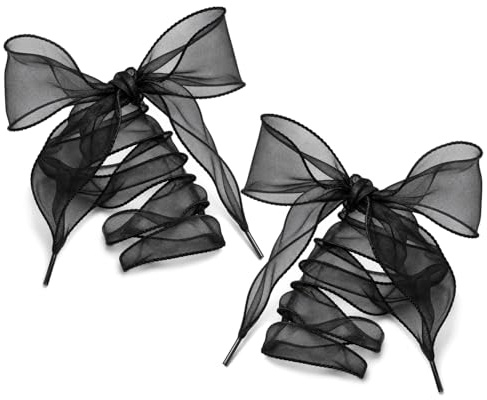 2 par skosnören i organza, 4 cm breda skira skoband med rullade kanter, platta dekorativa skosnören för sneakers, svarta