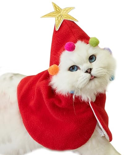ANIAC Haustier-Weihnachtskostüm für Welpen, Umhang mit Stern und Pompons, Katzen-Weihnachtsmann-Umhang mit Weihnachtsmannmütze, rotes Hunde-Outfit, Winterkatzenkleidung für Kätzchen und kleine bis