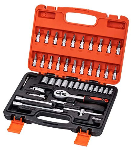 TOPWAY 1/4 Inch Socket Set 46PCs, Mechanical Tool Set 4-14mm Metric Drive with 24-Teeth Quick-Released Ratchet Wrench, Extension Bars, Universal Joints and Bits, High Grade Chrome Vanadium Steel