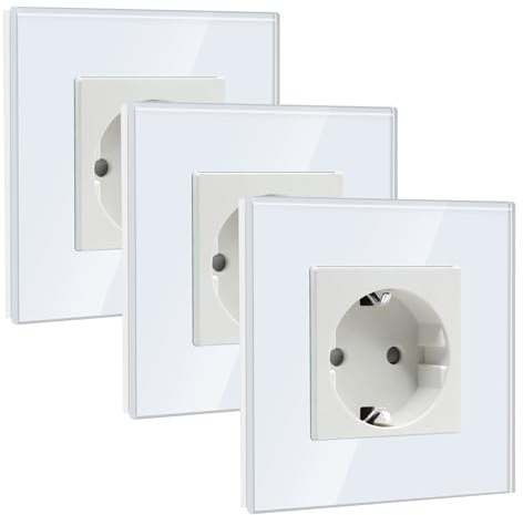 BSEED Schuko Steckdose, Kristall Glas Platte Steckdose Glas,16Amp Verlängerungssteckdosen Wandsteckdose 1 Fach Weiß (3 Pack)