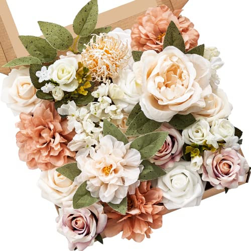 Serwalin Künstliche Blumen für Kuchen Brautstrauß Tischaufsteller für Thanksgivings Day Terrakotta Champagner Pfingstrose Rosen Hochzeit Blumen Combo Fake Boho Blumen für Home Decor Weihnachten Blumen