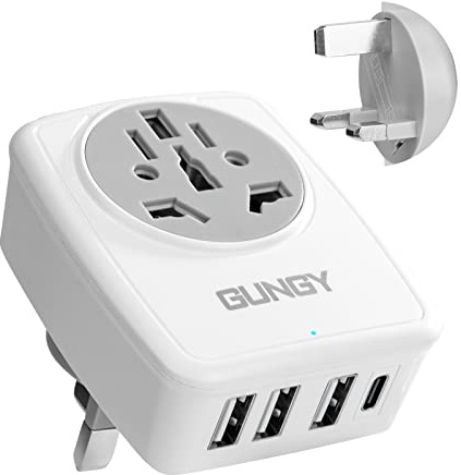 GUNGY Reiseadapter UK Adapter Weltweit Deutschland auf England Stecker mit 3 USB 1 Typ-C AC Steckdosenadapter Reisestecker Stromadapter für Irland Dubai Singapur Reiseadapter Typ G