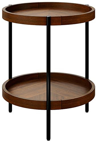 Étagère de Rangement pour Table d'appoint Ronde à 2 Niveaux en Bois de Caoutchouc et Noyer (D 20,5 X20,5 X24,5)