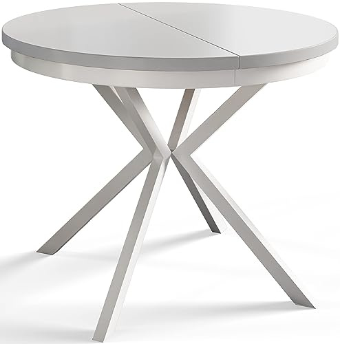 AlpiMeble Esszimmertisch BERGO, Durchmesser: 90-170 cm, Weiß, Weiß Beine | Runder Tish, Ausziehbarer Tisch, Wohnzimmertisch mit Metallbeinen