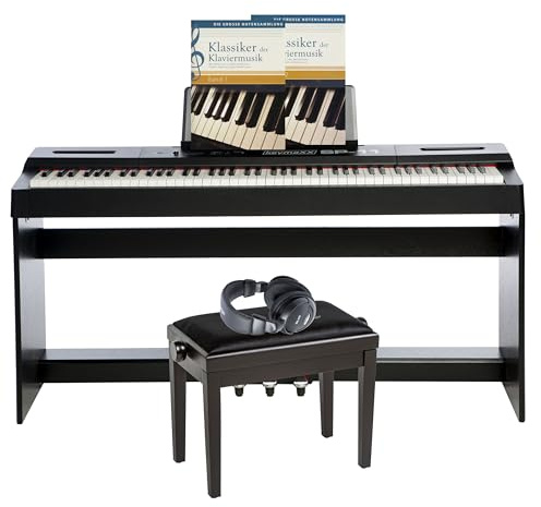 KeymaXX E-Piano Set, Schwarz, 88 Tasten mit Hammermechanik, USB MIDI, inklusive Kopfhörer, Notensammlung, Klavierbank