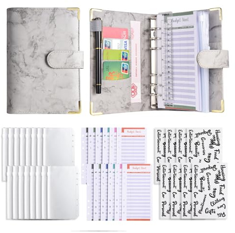 Liemuao A6 Budget Planner Deutsch,Budgetplaner Geldumschläge,Sparen mit Umschlagmethode,Sparbuch mit Folien,Ringbuch Finanzplaner, Geld Organizer mit Budgetbogen,Etiketten (Grau)
