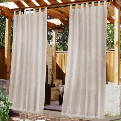 FASCINATDECO Outdoorvorhänge mit Klettverschluss Terrasse Vorhänge Halbtransparent Leinenoptik Gardinen Balkon Vorhang Outdoor Gardinen für Terrassentür Pavillon, 274x132 cm, Natürlich, 2er Set