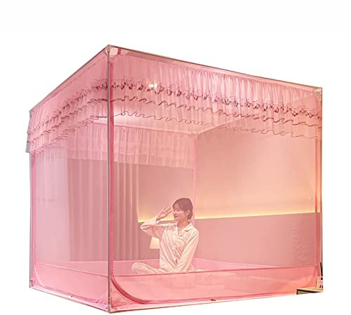 Quadratisches Moskitonetz für Betthimmel, Bettzelt, Traumzelte, Vier Eckpfostenvorhänge, Betthimmel für Erwachsene, Schlafzimmerdekoration, Rosa, 200 x 220 cm