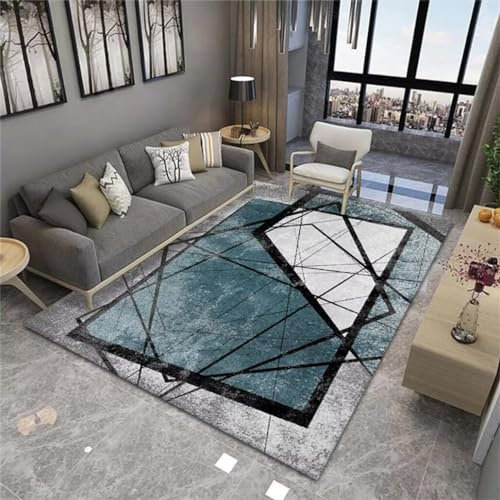 DJHWWD Teppich Ornament Bettumrandung Grauer Rutschfester mit abstraktem geometrischem Muster für das Wohnzimmer zu Hause 100x210CM Blau Rugs Kinder