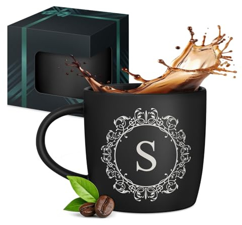 Maverton Tazza da caffè macchiato o tè in ceramica, 400 ml, Incisione | Personalizzata, Tazze con manico per bevande per Lui, Bicchiere da colazione per compleanno uomo, Interno nero, iniziale