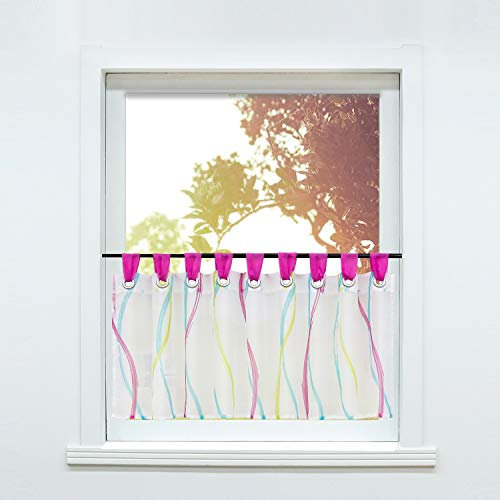 SCHOAL Scheibengardine Küche Bistrogardine Modern Transparente Gardine für Kleinfenster Schlaufen Wellen Muster HxB 30x120 cm Rosa