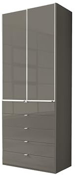 WIEMANN Drehtürenschrank mit 5 Schubkästen hochwertiger Kleiderschrank Schlafzimmerschrank 100cm breit, mit Schubladen, Glas Havanna, Höhe 236cm, Shanghai