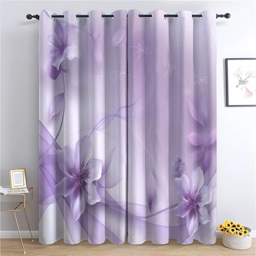 CozyRest kids Curtains - Lilac Flowers Design Eyelet Thermal & Room Darkening Blackout Window Drapes for Bedroom Living Room 2 Panels 92 x 54 in