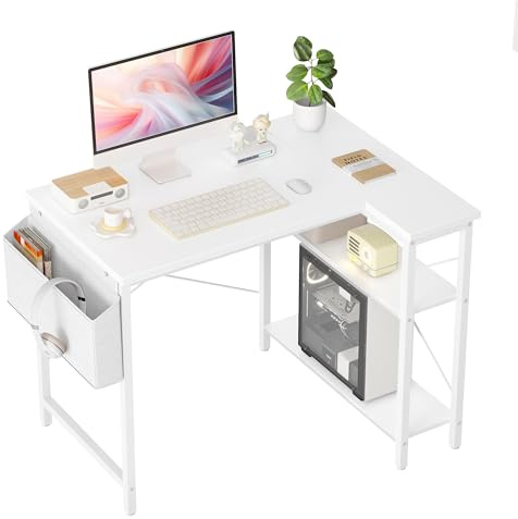 BEXEVUE L Shaped Corner Desk - 100x70 cm Study Office Gaming Desk, Computer Desk Small Writing Table, Large Reversible Storage Shelves, Bookshelf Workstation for Study Play Work Home Office, White