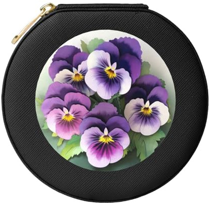 JTKREZ Pansies Flower Printed Leather Jewelry Box, Black Round Jewelry Organizer for Earrings, Rings, Necklaces, Bracelets