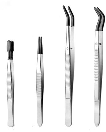 Juego de 4 pinzas con puntas de goma con revestimiento de silicona negra plana curvada y puntiaguda para manualidades de joyas, herramienta de pestañas, aplicador, adhesivo industrial