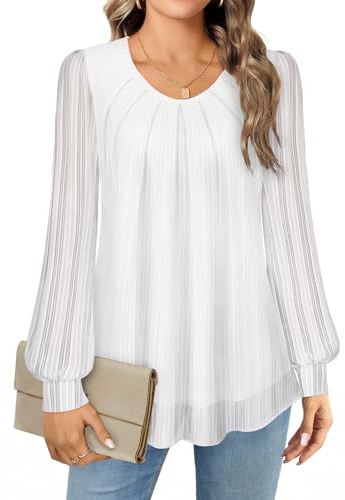 Gemulate Ladies Tops Party Tops for Women UK Long Sleeve Ladies Dressy Top for Evening Loose Flowy Tunic Double Layers Mesh Blouses Stripe White L