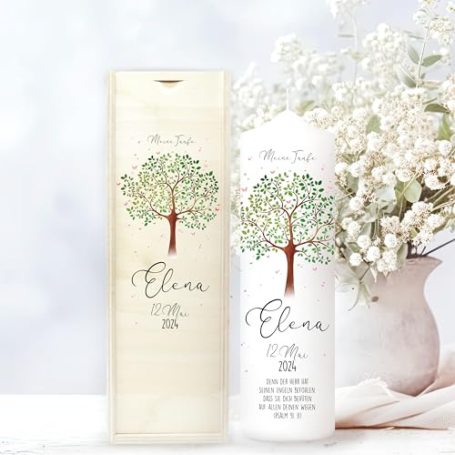 Wandtattoo Loft Taufkerze Mädchen mit Taufspruch, Motiv mit Lebensbaum, 25cm x 7cm, personalisierte Kerze, bedruckte Kerze zur Taufe, Stumpenkerze, individuelles Taufgeschenk