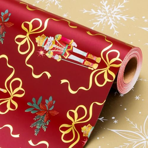 Wikadlik Wendbares Weihnachts-Geschenkpapier – Nussknacker-Dahlien-Schleifen-Design, Folie Gold und Rot, Geschenkpapier – 43 cm x 10 m