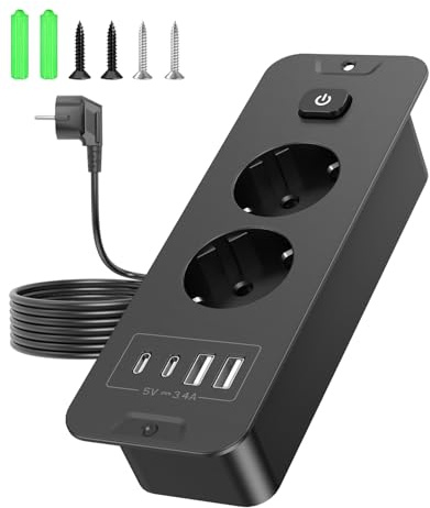Vipwell Unterputz Steckdose mit USB,Tischsteckdose Versenkbar mit 2 USB C (PD 20W) 2 USB A,Einbau Steckdosenleiste für Desktop,Schrank, Zuhause und Büro (Schwarz)