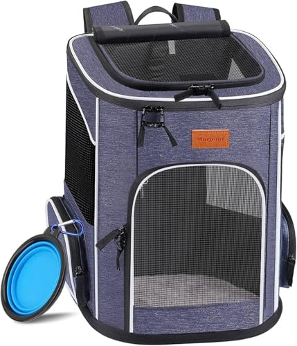 Morpilot Katzenrucksack, Hunderucksack für Katzen und Hunde Welpen, 33x28x42 cm, Atmungsaktive und Faltbare Haustier Rucksack mit Transparentes Fenster, Blau