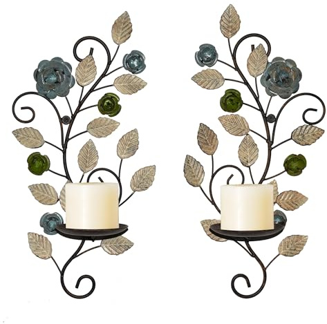 Wall Sconces Candle Holder Set of 2, Antique Multi-Color Leaf Flower Branch Wall Mounted Metal Candle Sconces for Bedroom Living Room Hallway Fireplace