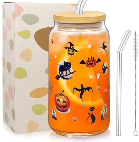 Halloween Bicchiere con Cannuccia e Cannuccia, 500ml Tazza di Vetro di Halloween, Tazze Halloweens, Tazza Autunno, Fantasma Zucca Bicchiere per Caffè Ghiacciato, Geschenk für Frauen Thanksgiving