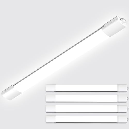 Amdelne 2ft LED Batten Lights 4 Pack, 6000K Daylight Plug in Ceiling Light, IP65 Outdoor Lighting, Linkable Strip Lights for Garage, Shed, Loft, Kitchen, Wall, Basement, Office, Warehouse, 18w 60cm