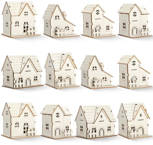 Hiboom 12 Pcs DIY Christmas Village Sets Wood Village Houses with Fence Christmas Mini Wooden House Gift for Winter Xmas Party Decorations