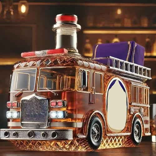 DUOAZJL Bouteille de Whisky en Forme de Camion de Pompiers, Carafe en Verre de 300 ML, sculptée à la Main, thème Automobile, Distributeur de Liqueur, Verres à vin personnalisés(C)