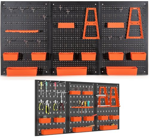GYMAX Lot de 3 Panneaux Perforés pour Rangement d'Outils, Porte-Outils Mural Métalliques avec 26 Accessoires (Crochets, Bacs, Supports) pour Garage, Atelier, Maison, 120x60cm