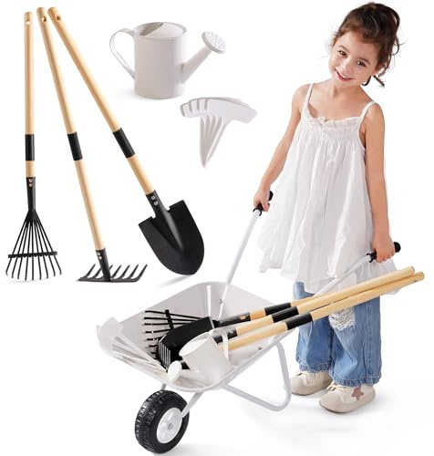 ROBOTIME Brouette et outils de plantation en métal pour enfants, 5 pièces, gris-noir, avec poignée réglable en bois de pin, arrosoir, râteau, pelle, pour garçons et filles à partir de 3 ans