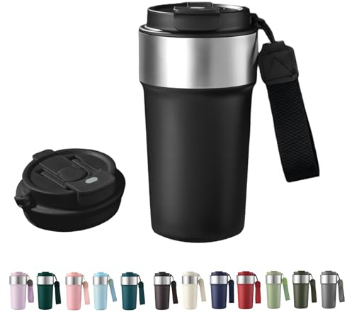 HHZalvyre Insulated Travel Mug 510ml, Leakproof Stainless Steel Thermal Coffee Cup with Carry Strap, 3 Drinking Modes, Keeps Hot/Cold for Hours, Car Office Commute Mug, Gift Idea (Black)
