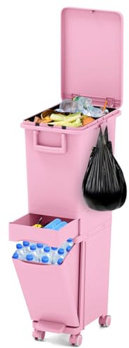 GOPLUS Cubo de Basura Vertical 30L, 3 en 1 con Pedal y Ruedas, Contenedor de Basura con Cubierta, Cajón y Pegatinas de Clasificación para Cocina y Sala de Estar (Rosa)