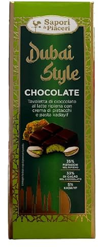Tavoletta di Finissimo Cioccolato al Latte DUBAI CHOCCOLATE STYLE, con Crema di Pistacchi e Pasta Kadyif, 80 Grammi